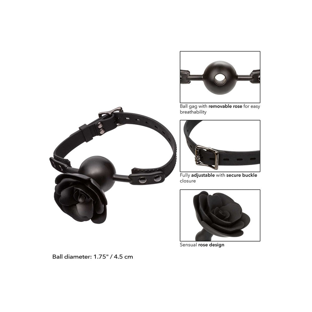 CalExotics Forbidden Removable Rose Gag in matte black. A ball gag, rose attachment, and adjustable strap with buckle.