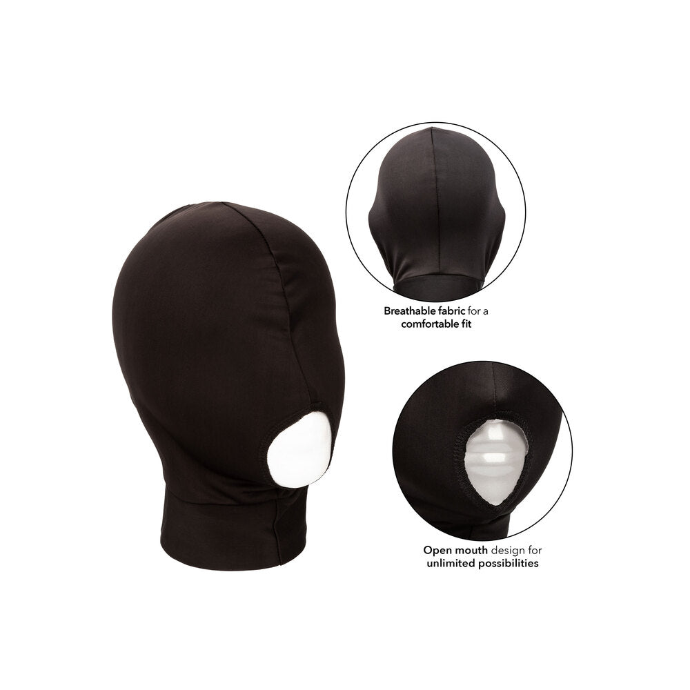 Breathable black hood, obscuring and empowering, with a playful invitation at the mouth.