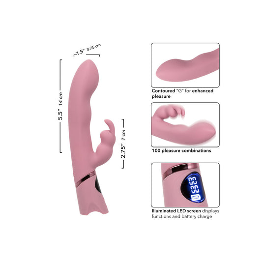 Pink Orgasmatron vibrator featuring measurements, enhanced G-spot stimulation, multiple pleasure settings, and LED screen.