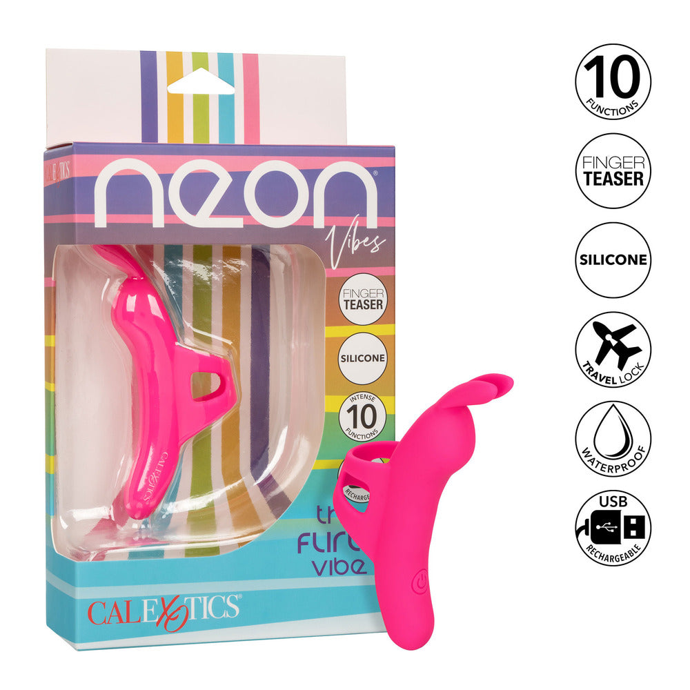 Neon Vibes Flirty Vibe finger teaser in box, pink silicone. USB rechargeable, waterproof, and ten functions.