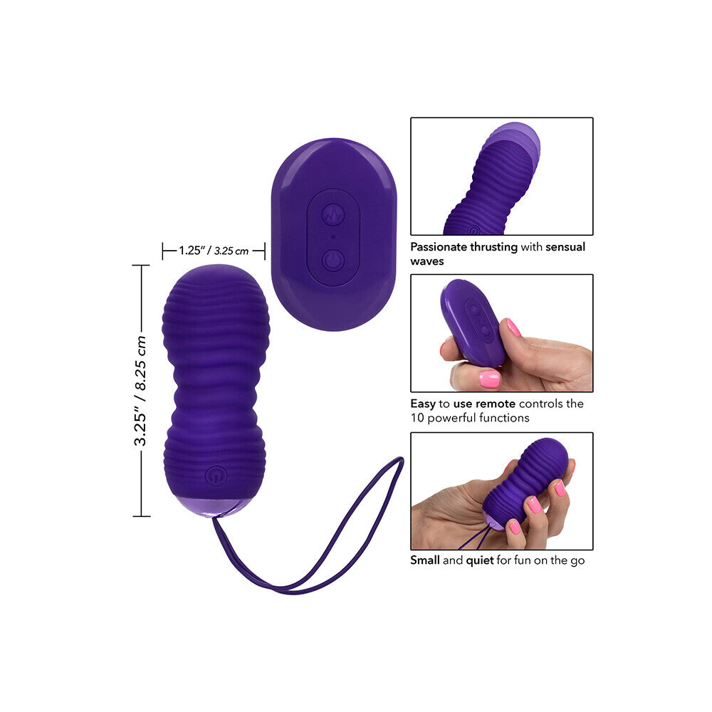Purple remote control bullet vibrator with ribbed texture and dimensions.