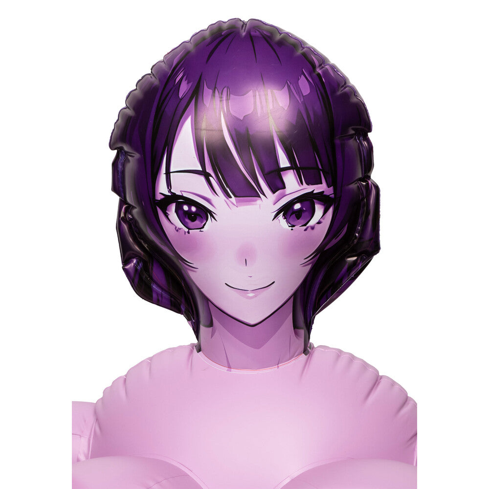 Anime-style adult doll featuring purple hair and pink top.