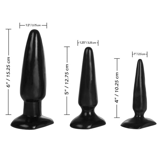 Three black silicone anal plugs of varying sizes.