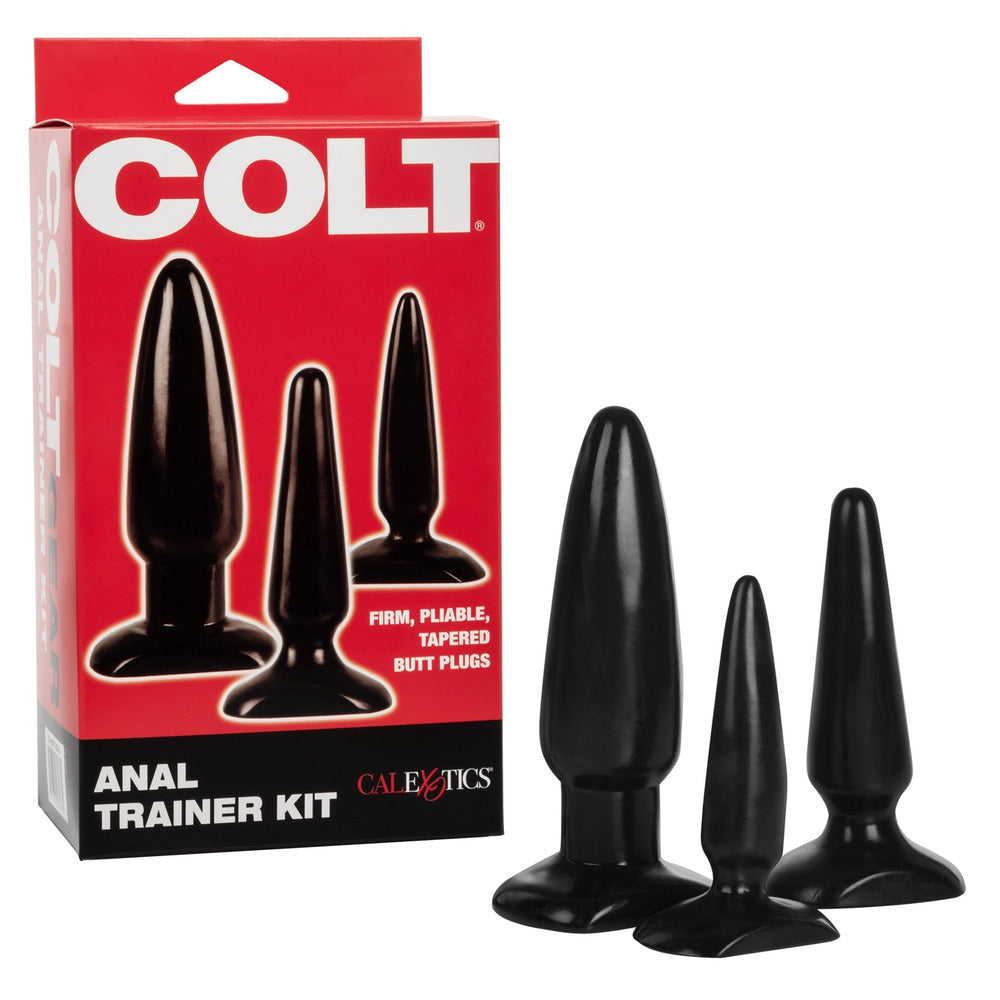 Black anal trainer kit from California Exotic, featuring three sizes of butt plugs.