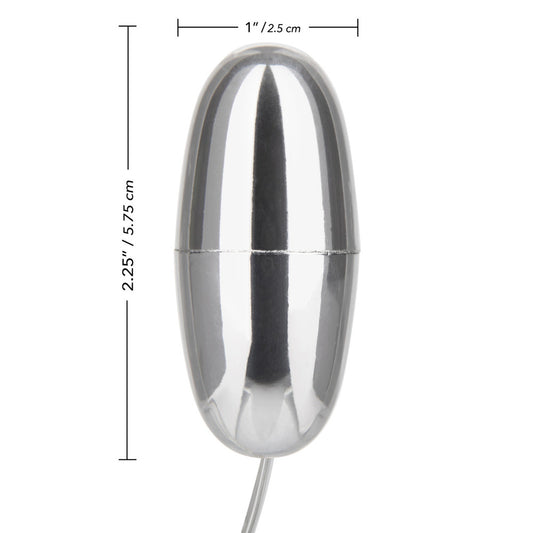 Silver bullet vibrator with length and width measurements.