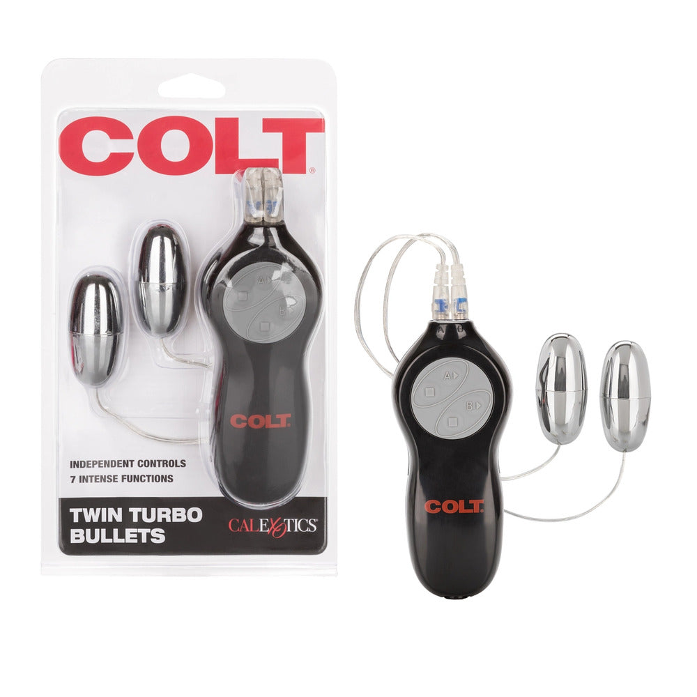COLT Twin Turbo Bullets sex toy: two silver bullets connected to a remote for independent control.
