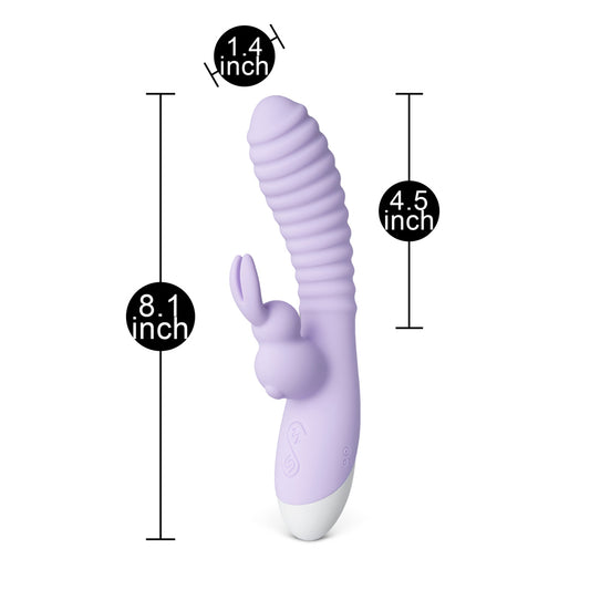 Purple rabbit vibrator with dimensions labelled.