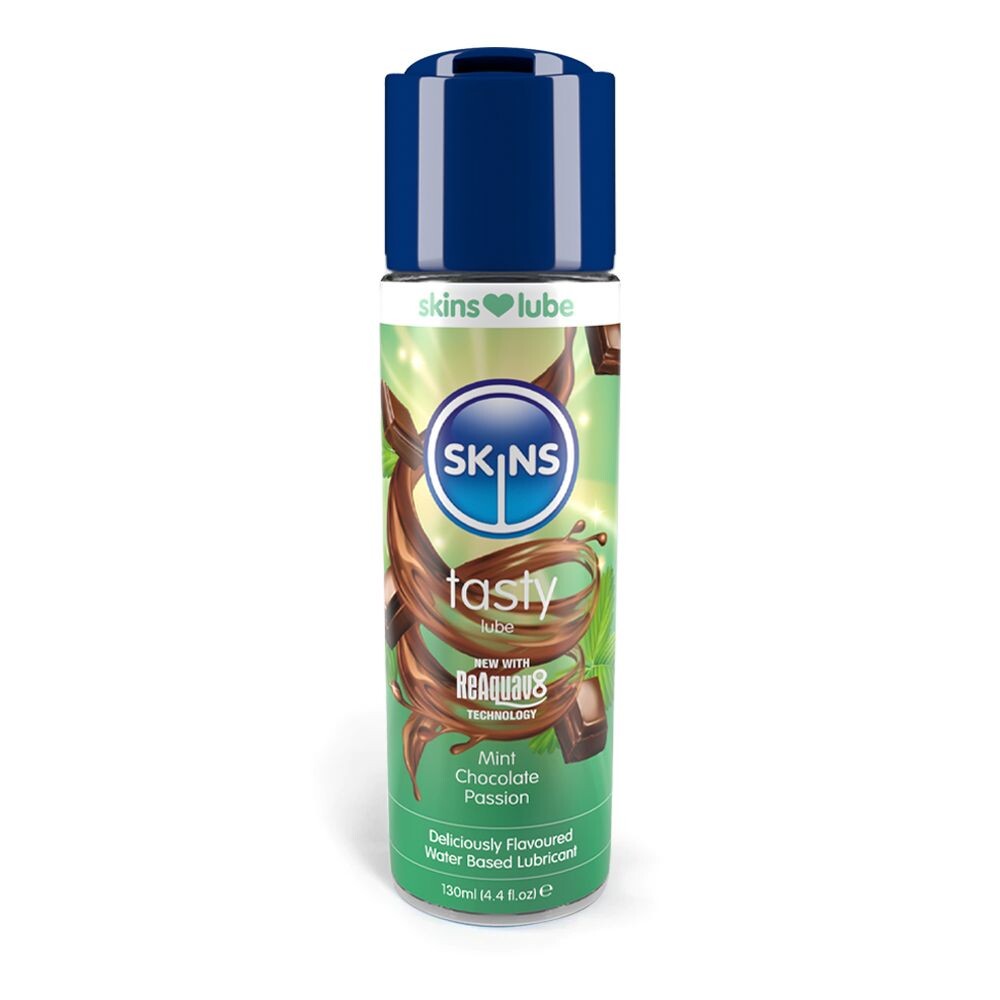 Skins tasty Mint Chocolate Passion waterbased lubricant bottle, blue top.