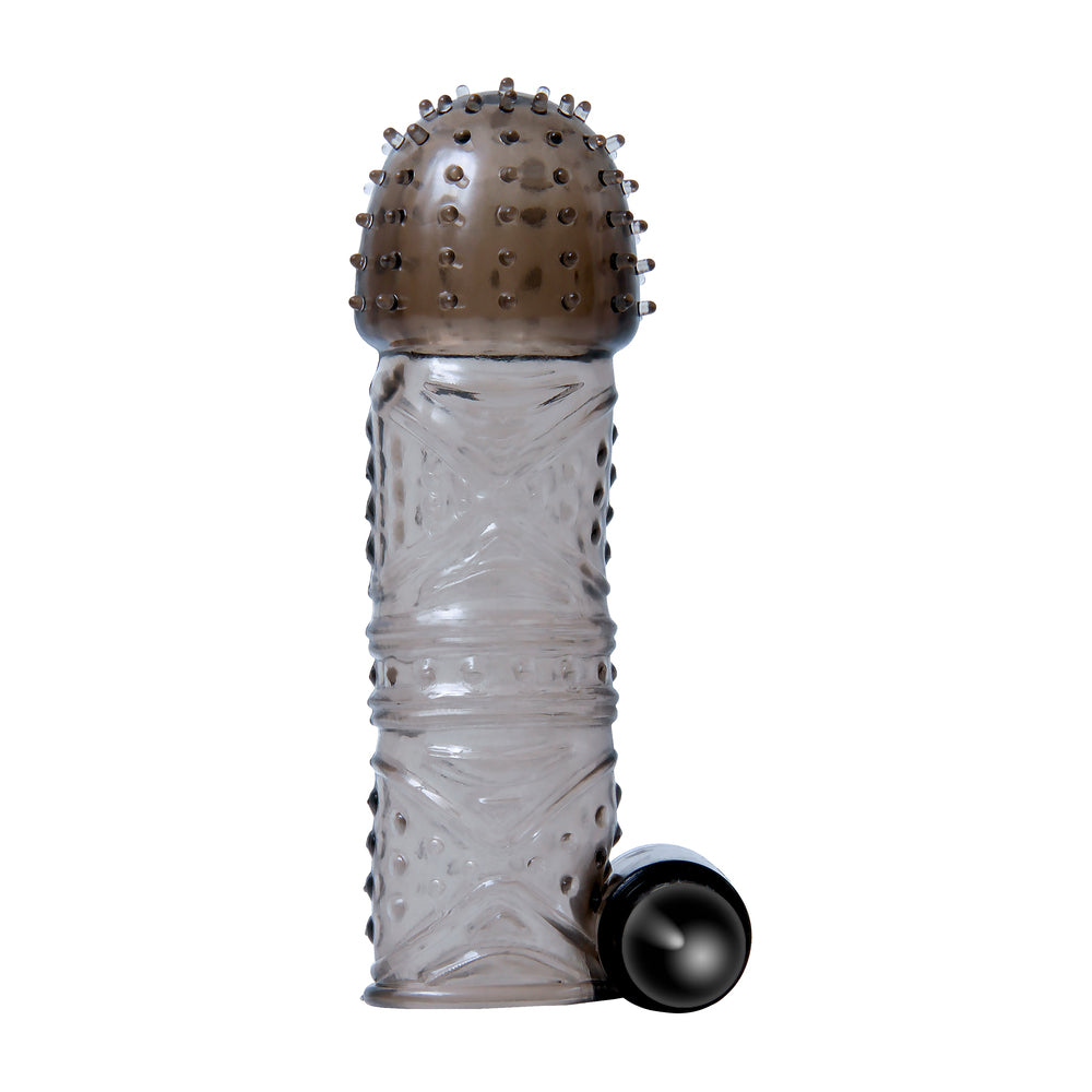 Textured, smokey grey enhancer sleeve with a dotted head and glans ring.