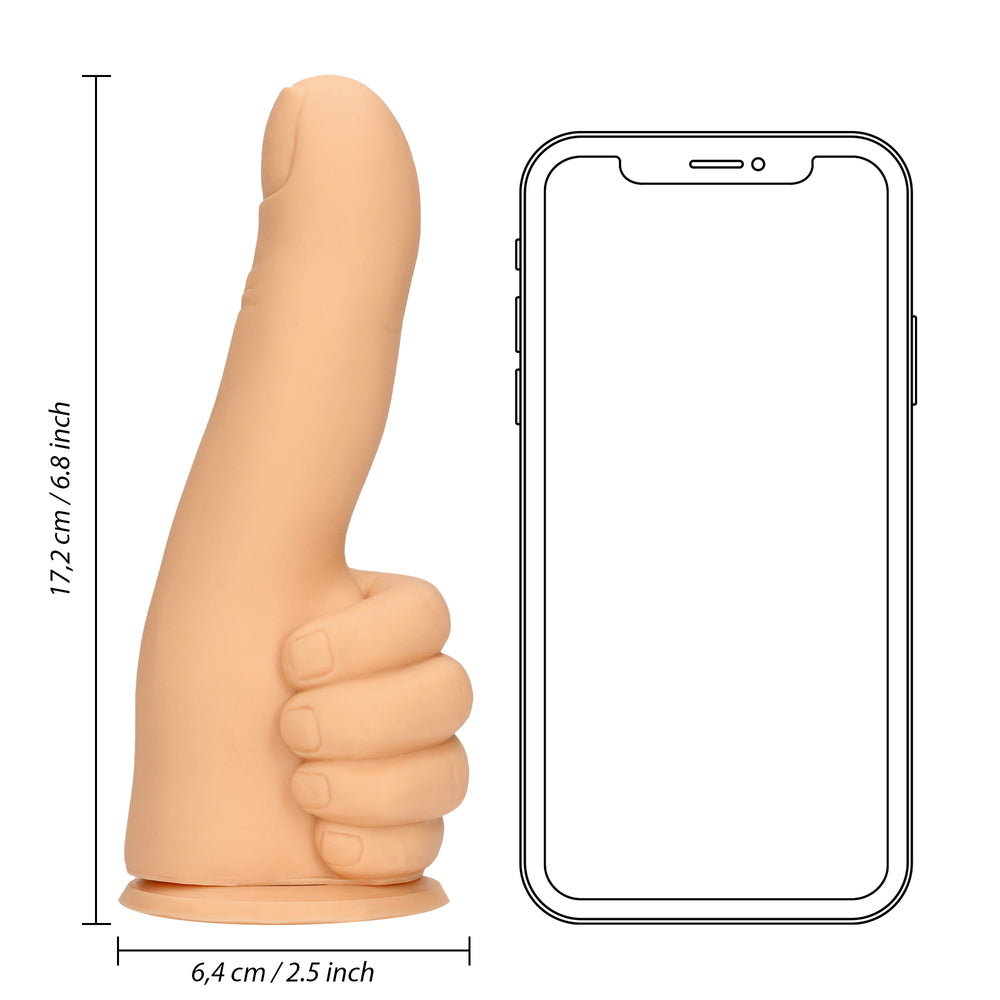 Thumbs Up Dildo, by Shots Toys, next to a smartphone outline, shows size and shape.
