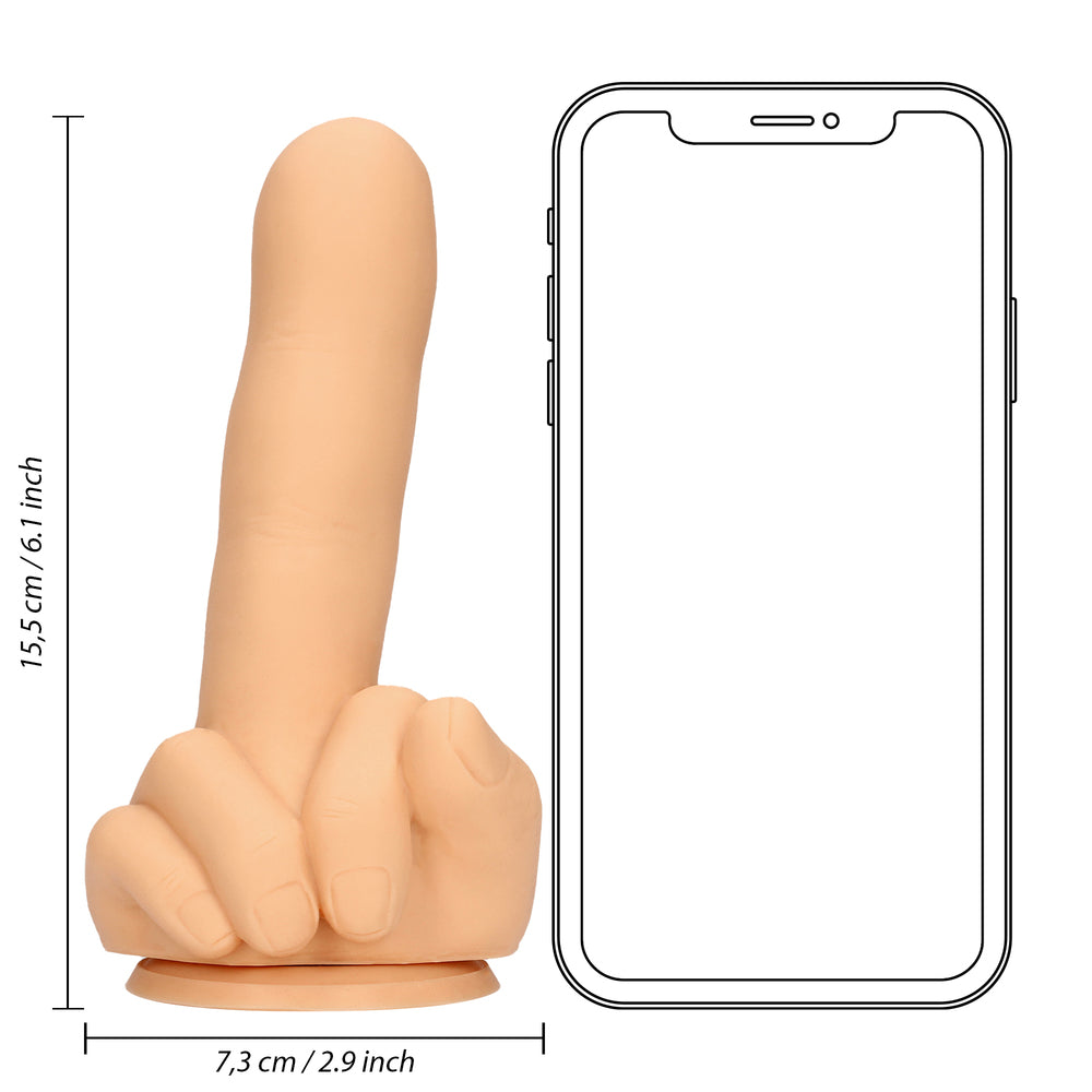 Nude coloured finger dildo for pleasure, sizing next to a phone outline.