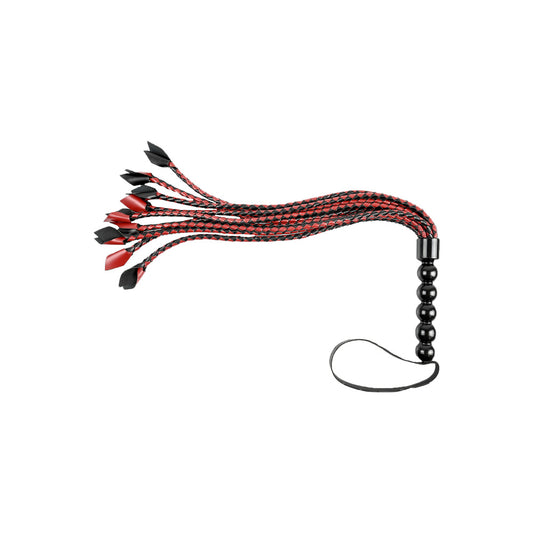 Sportsheets Saffron braided flogger, red and black, with tassel ends and beaded handle.