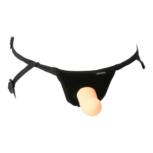 Sportsheets Everlaster Wishbone Hollow Strap On, black with peach-coloured realistic dildo.