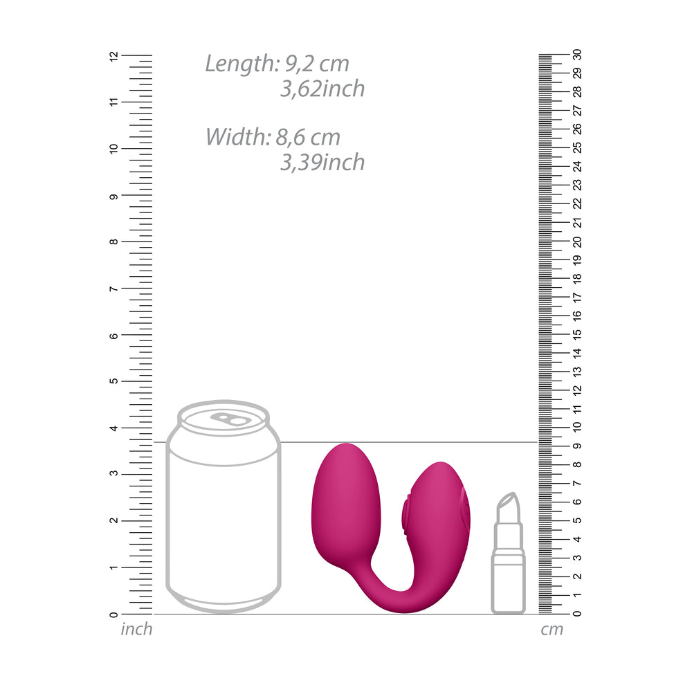Pink vibrator product dimensions against a drinks can and lipstick tube.
