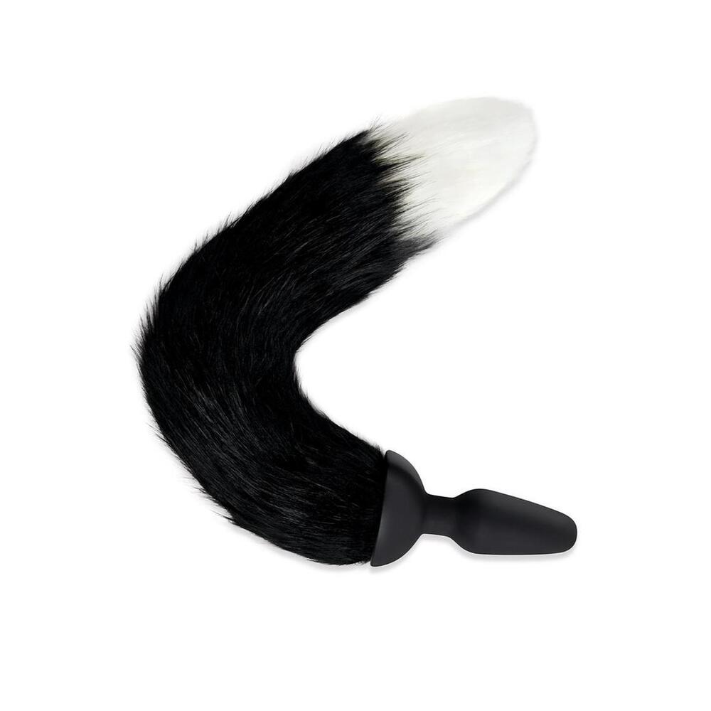 Furry fox tail vibrating butt plug, black and white.
