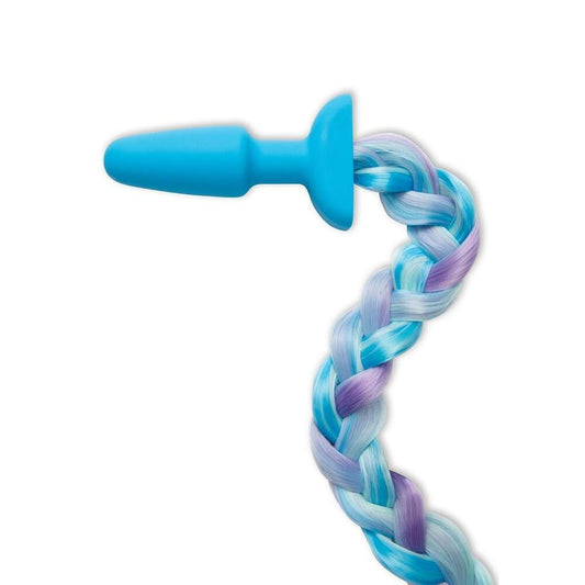 Blue silicone butt plug with unicorn tail braid.