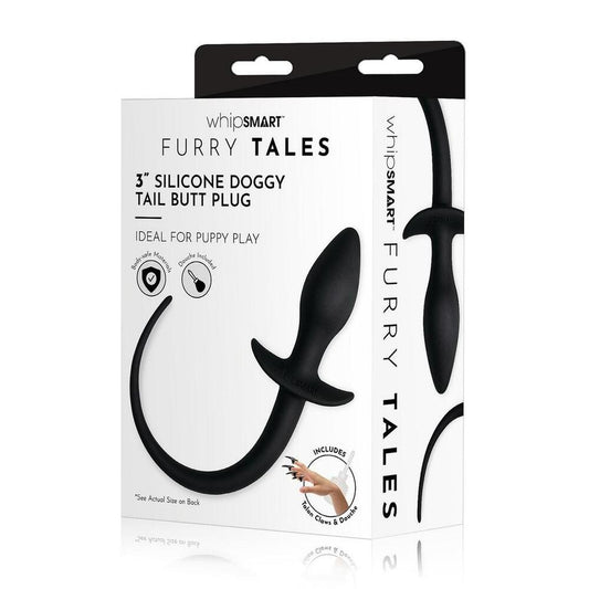 Whipsmart Furry Tales dog tail butt plug. Body-safe silicone for puppy play. Includes talon claws and a douche.