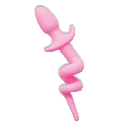 Pink silicone piggy tail butt plug.