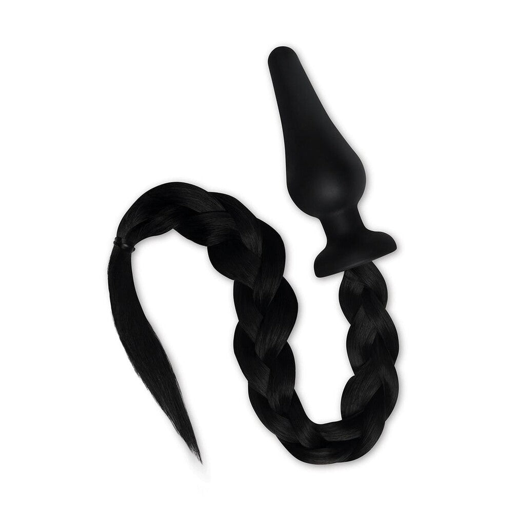Black butt plug with a braided tail.