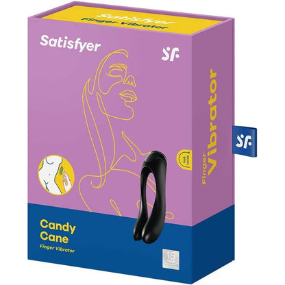 Satisfyer Candy Cane finger vibrator in black, presented in its playful packaging.