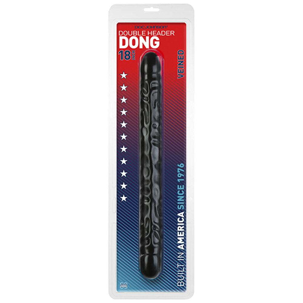 Doc Johnson Double Header 18 Inch Veined Dong Black in packaging.