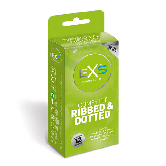 EXS Comfy Fit Ribbed & Dotted Condoms: 12 pack of vegan-friendly ribbed and dotted condoms for extra sensation and pleasure.
