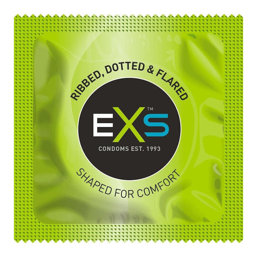 Lime condom wrapper, ribbed, dotted, flared for comfort.