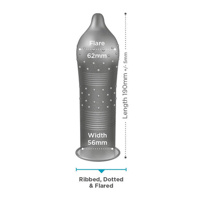 EXS ribbed and dotted condom dimensions.
