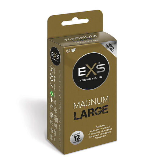 EXS Magnum Large Condoms, 12-pack. Safe, fun loving protection. Vegan friendly for peace of mind. Go large!
