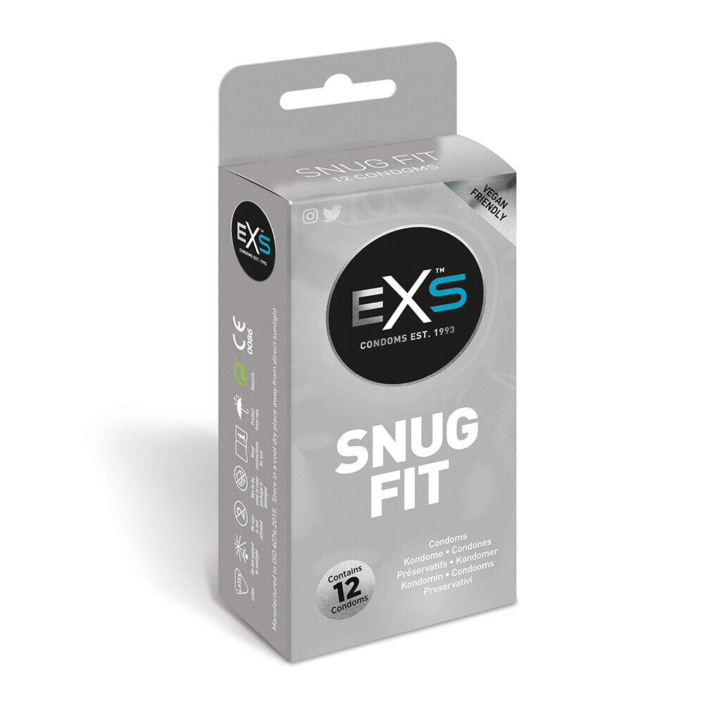 EXS Snug Fit condoms: box of 12 closer fitting, vegan-friendly condoms. Protect yourself and your partner.