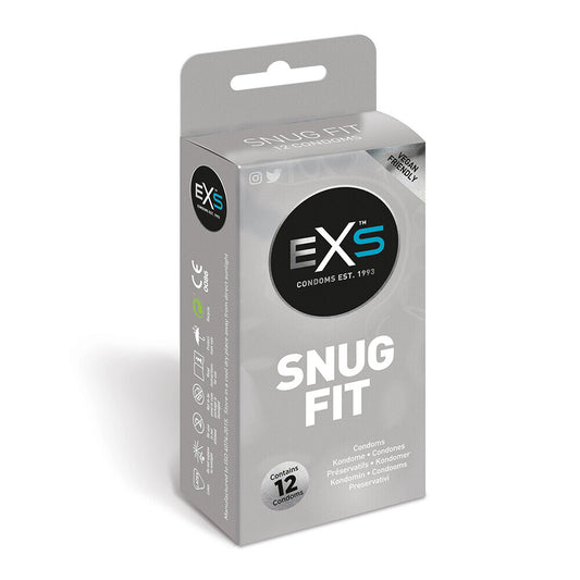 EXS Snug Fit condoms: box of 12 closer fitting, vegan-friendly condoms. Protect yourself and your partner.