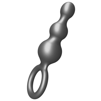 Metallic grey, triple-ball silicone anal plug with retrieval loop.