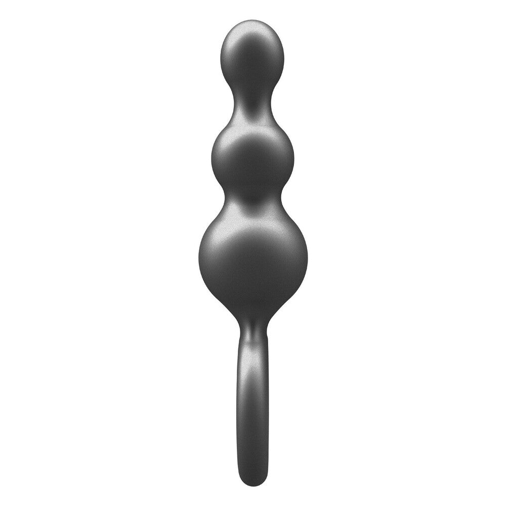 Metallic grey, three-ball silicone butt plug.