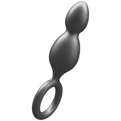 ToyJoy metallic grey silicone two-ball butt plug with loop.