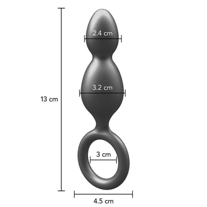 Metallic grey silicone anal plug with two balls, measured dimensions shown.