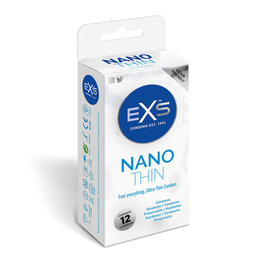EXS Nano Thin condoms: ultra-thin protection, vegan-friendly and ready for pleasure! Contains 12 condoms.