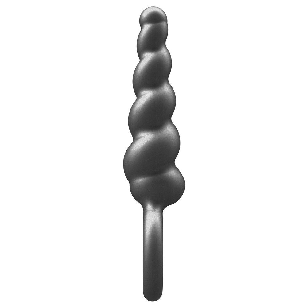 Metallic silicone butt plug with a ribbed, spiral design from Toy Joy.