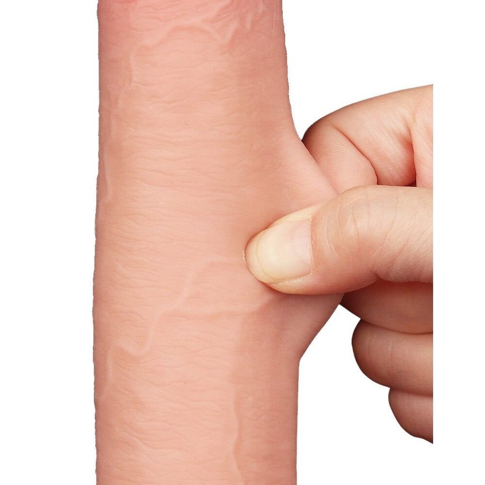 Lovetoy's textured, bendable dildo being gently touched.
