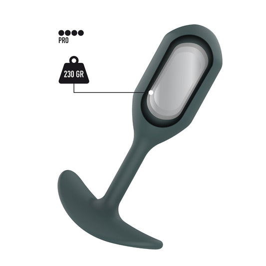 ToyJoy The Champ Weighted Plug, a grey silicone butt plug with weight info.