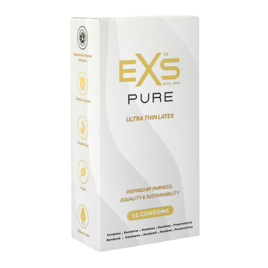 EXS Pure Ultra Thin Latex Condoms pack. Vegan, cruelty-free and quality assured for worry-free intimacy.