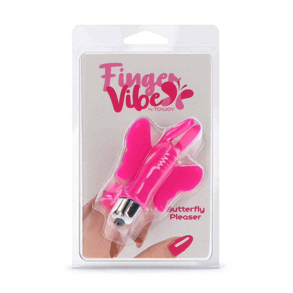 ToyJoy Butterfly Pleaser Finger Vibe, hot pink in packaging. Flutter by with delight.