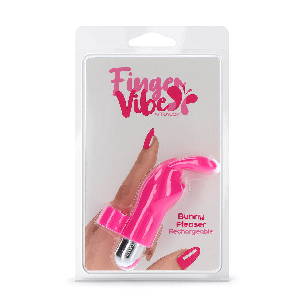 ToyJoy Bunny Pleaser finger vibe in packaging. Pink, rechargeable, with bunny ears!