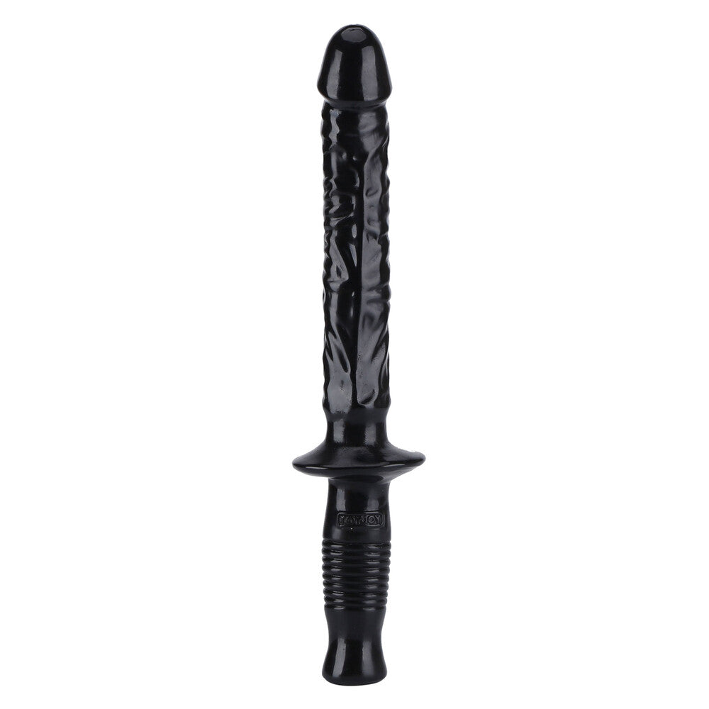 Textured black dildo with a sword-like handle