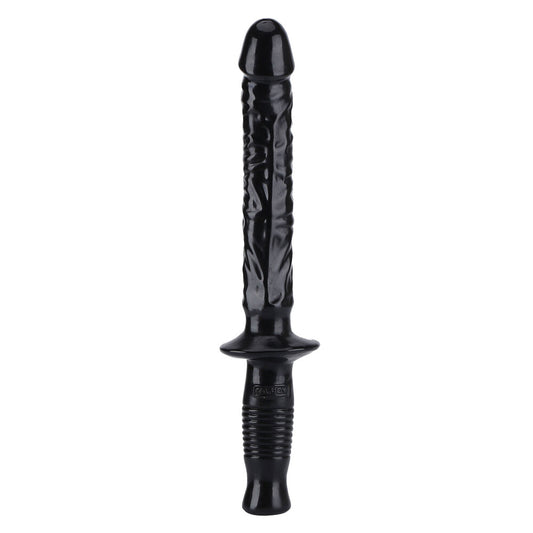 Textured black dildo with a sword-like handle