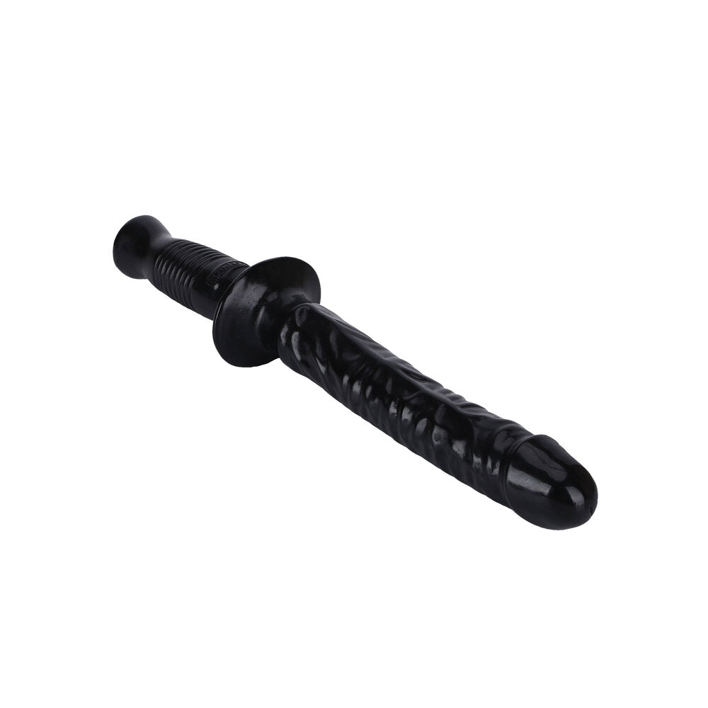 Black "Manhandler" toy with textured shaft, ring guard and ridged handle.