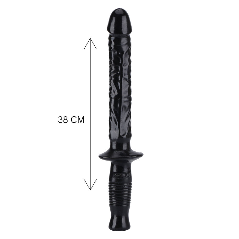 Black textured dildo with ridged handle and length mark.