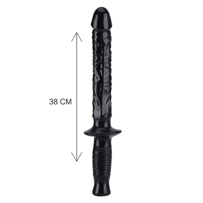 Black textured dildo with ridged handle and length mark.