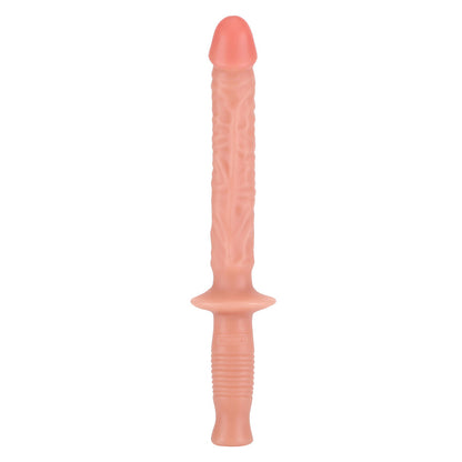 Flesh pink dildo with handle.
