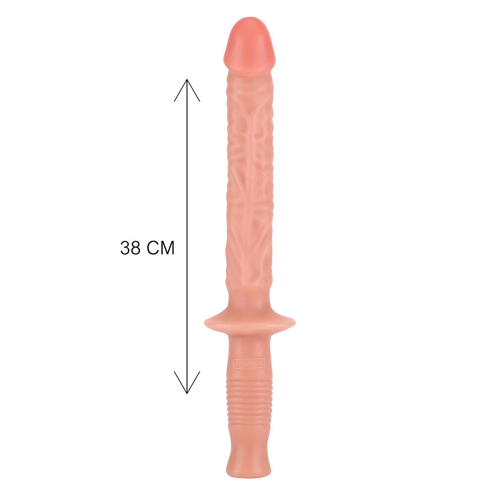 Pink flesh-toned dildo with a textured shaft and hilt-style handle.

