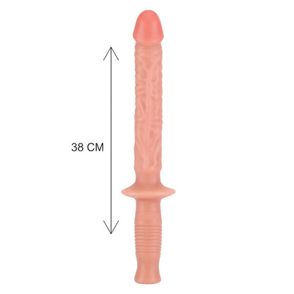 Pink flesh-toned dildo with a textured shaft and hilt-style handle.
